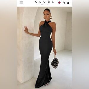 Club L London Unstoppable BLACK SATIN CROSS OVER HALTERNECK MAXI DRESS